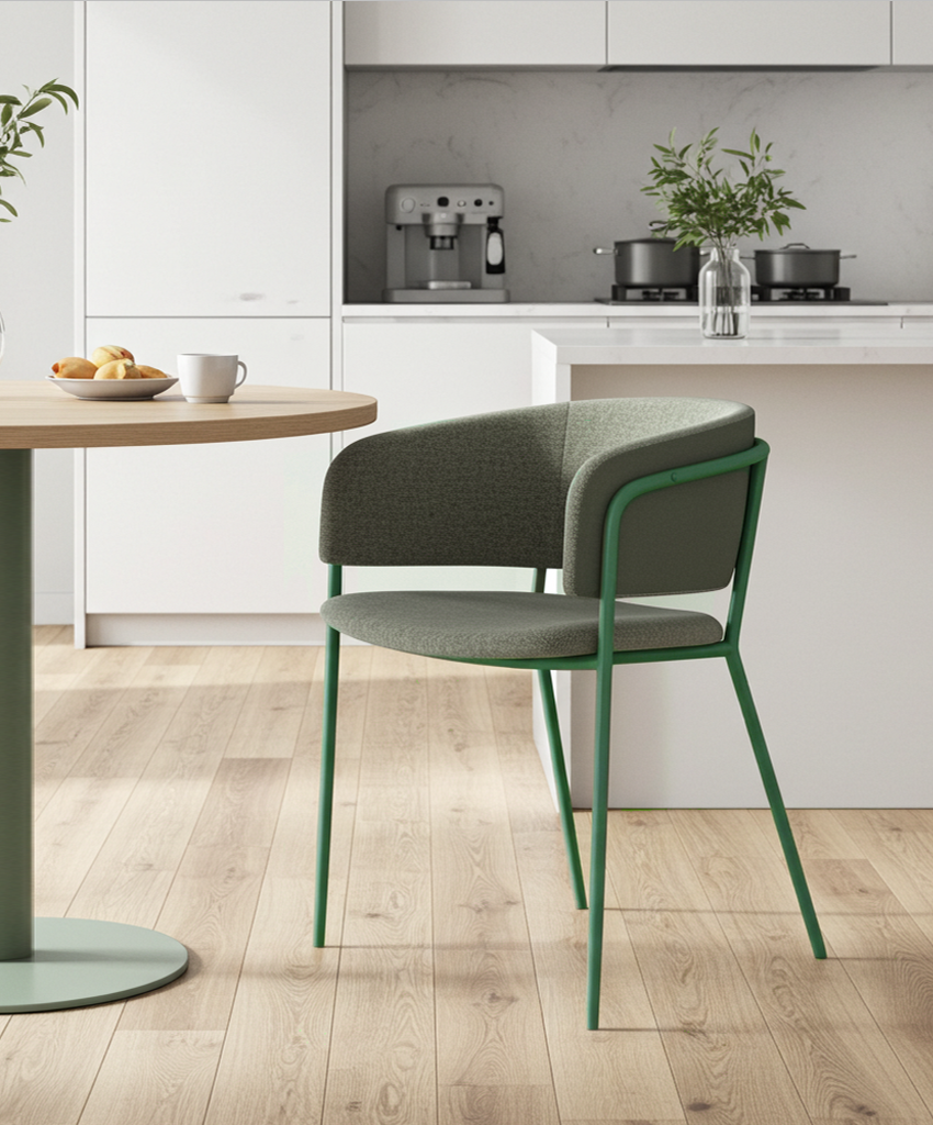 Modern kitchen with a green chair and wooden table.