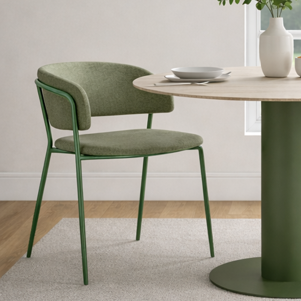 Green chair in front of a round wooden table with a vase on a light grey background