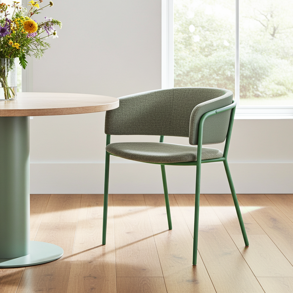Green chair in a room with a table and flowers near a window