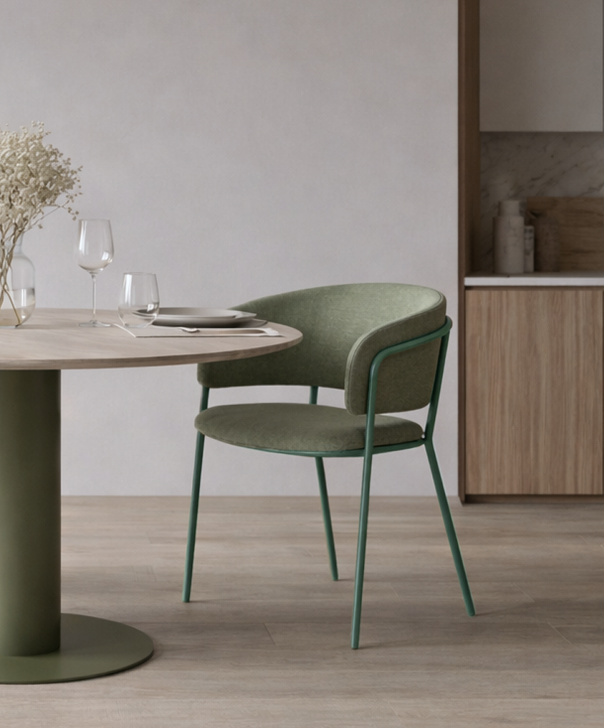 Green chair at a dining table in a modern kitchen setting