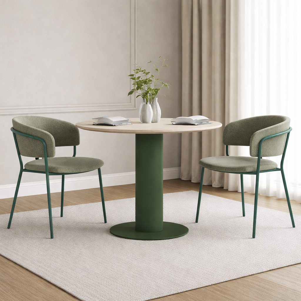 Round dining table with two chairs in a room with curtains and a rug.