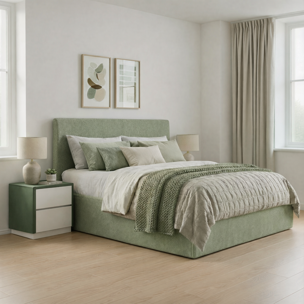 Neatly made bed with green bedding in a bright bedroom
