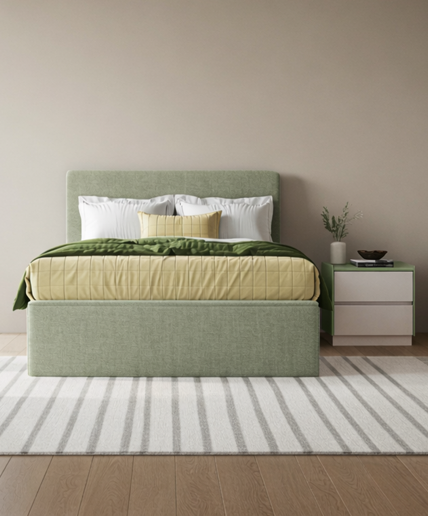 Bedroom with a green upholstered bed and matching headboard against a beige wall.