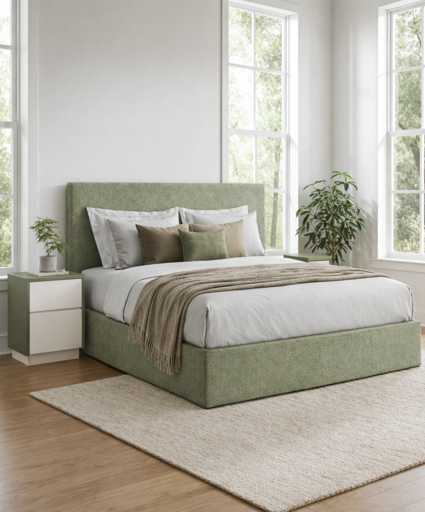 Green upholstered bed with white bedding in a bright bedroom with large windows.