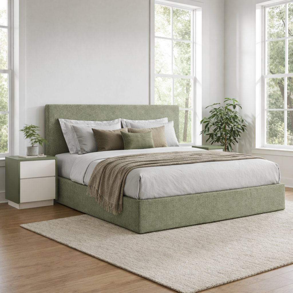 Green upholstered bed in a bright bedroom with large windows.