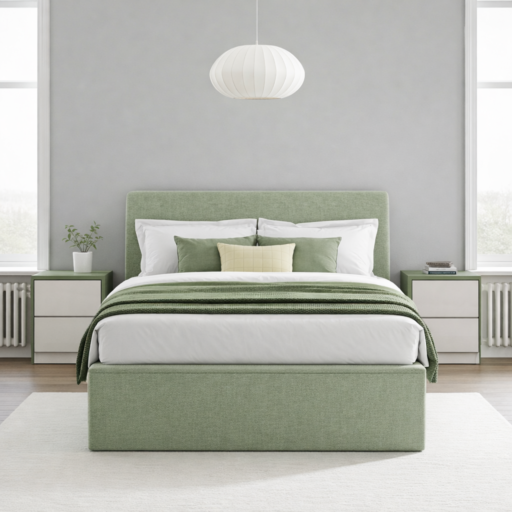 Green double bed and complimentary nightstands in a modern bedroom.