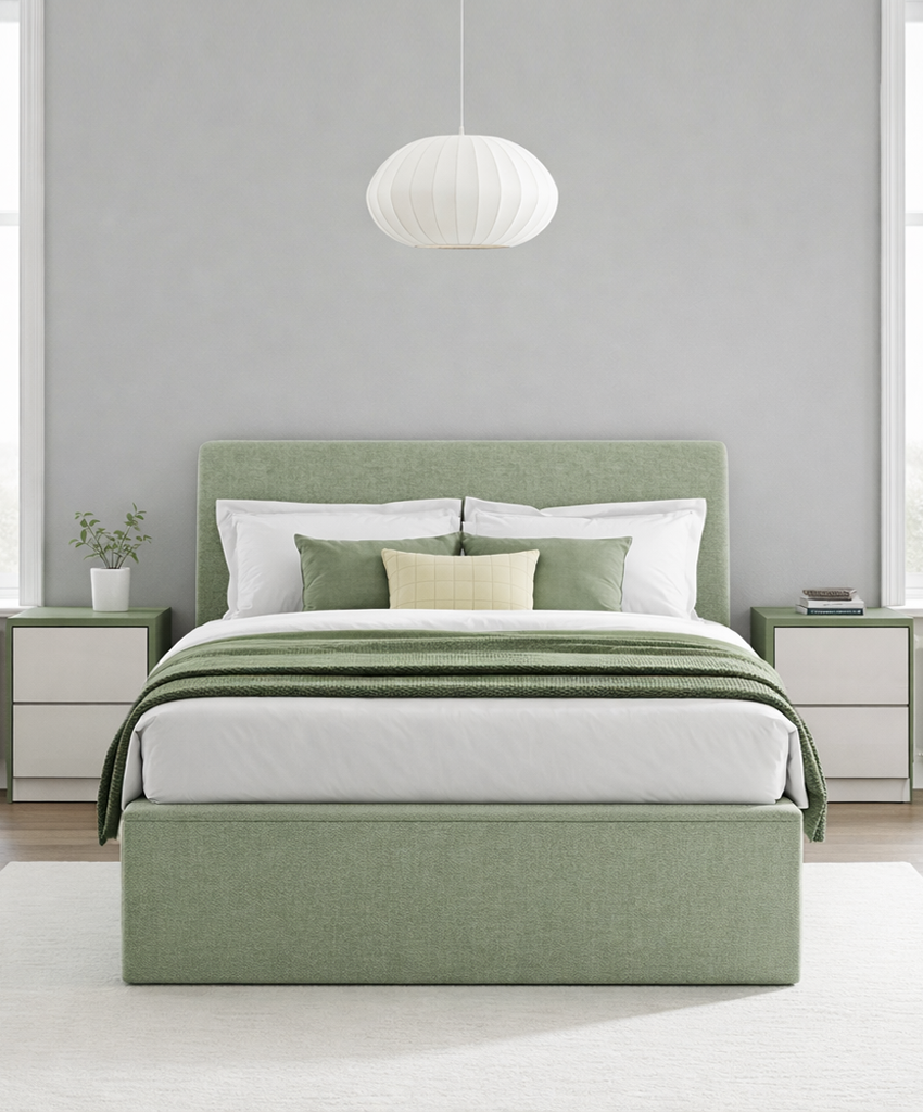 Green double bed and complimentary nightstands in a modern bedroom.
