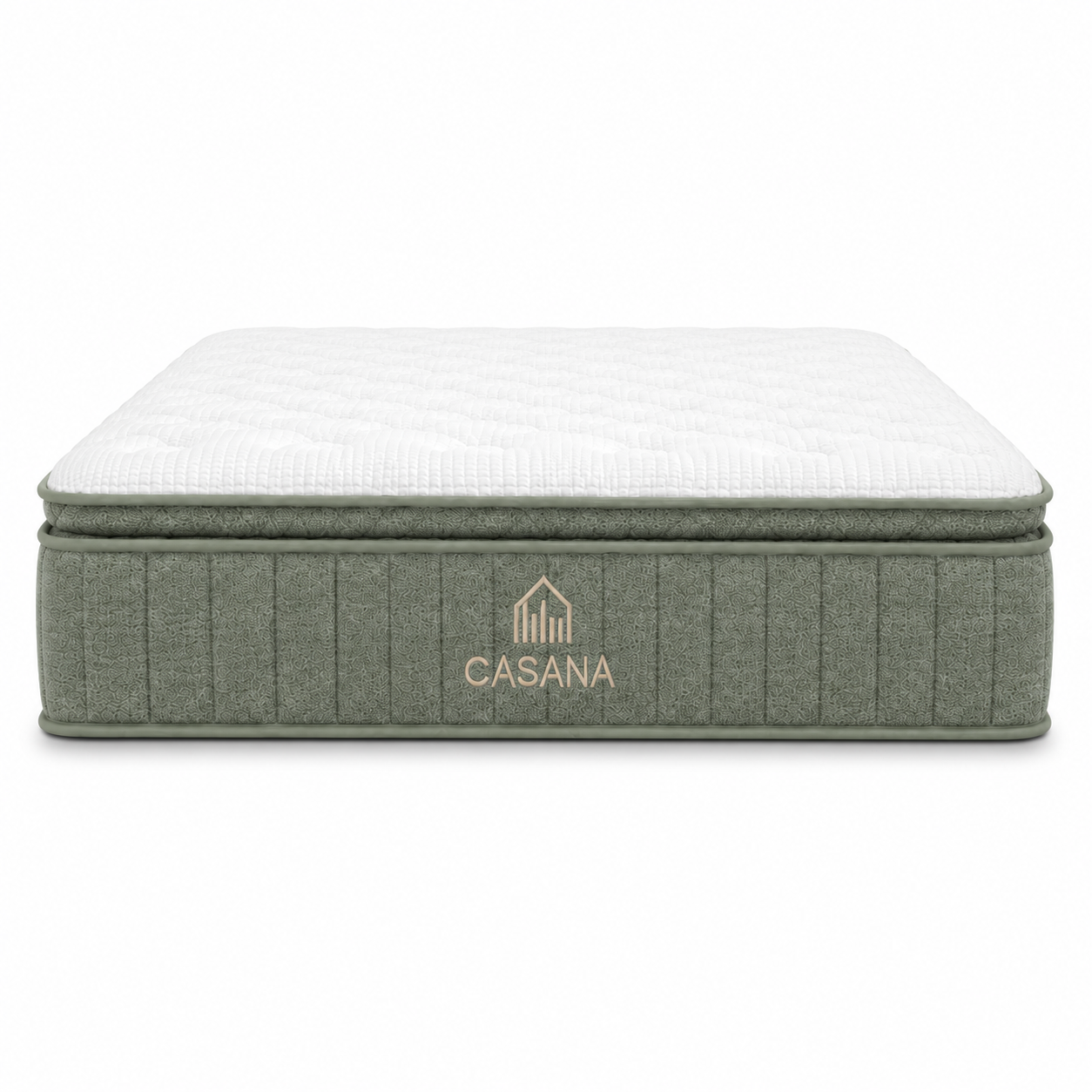 A Casana mattress with a white quilted top and a green side, featuring the Casana brand logo embroidered in gold on the side, set against a plain white background.