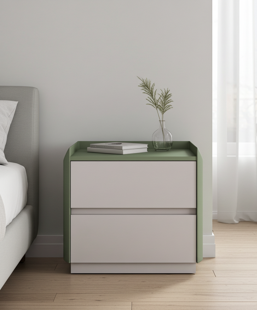 Green and white nightstand with books and a plant in a bedroom setting