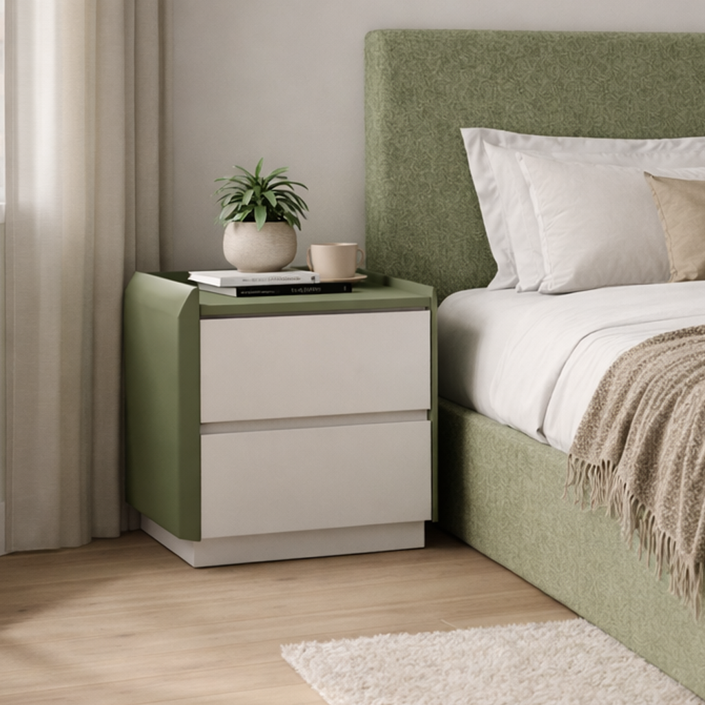 Green nightstand next to a bed with white bedding and a plant on top.