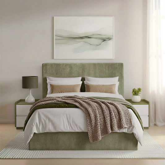 Green double bed and complimentary nightstands in a modern bedroom.