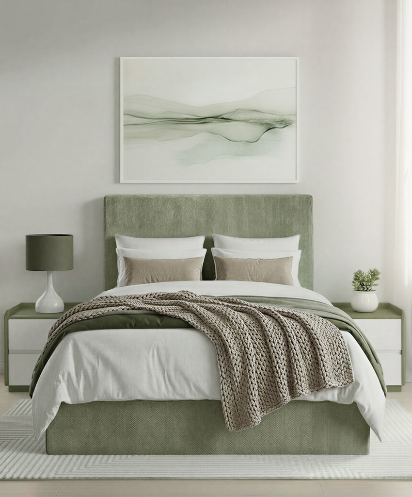 Modern bedroom with a green upholstered bed, matching nightstands, and abstract wall art.