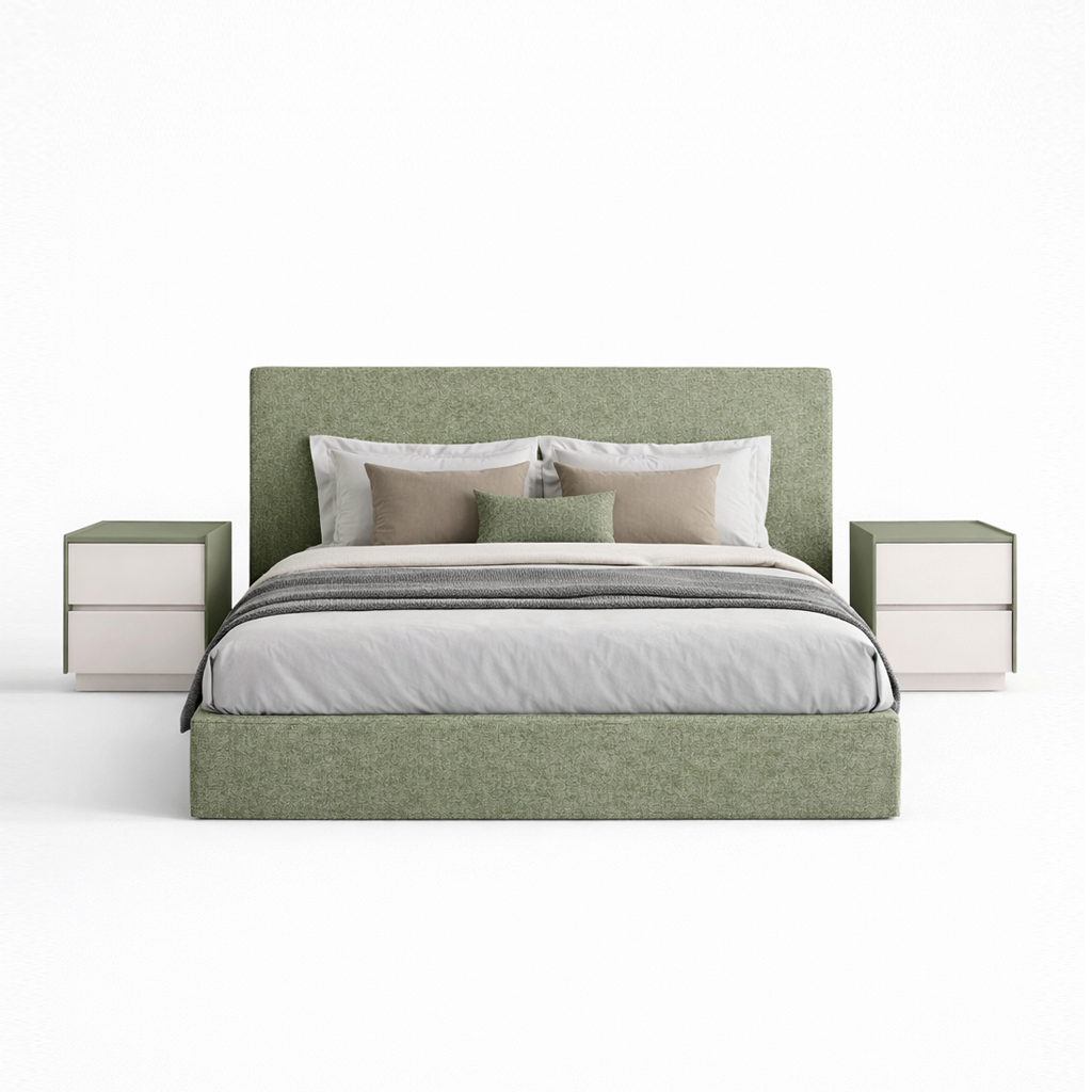 Green upholstered bed with matching nightstands on a white background