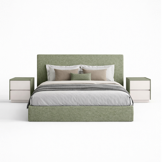 Green upholstered bed with matching nightstands on a white background