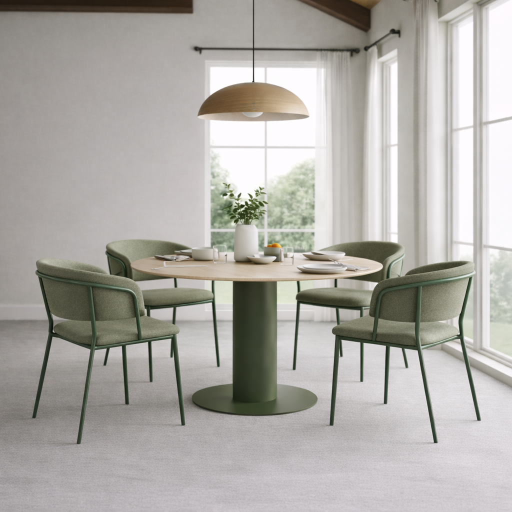 Dining area with a round table and green chairs in a bright room with large windows.