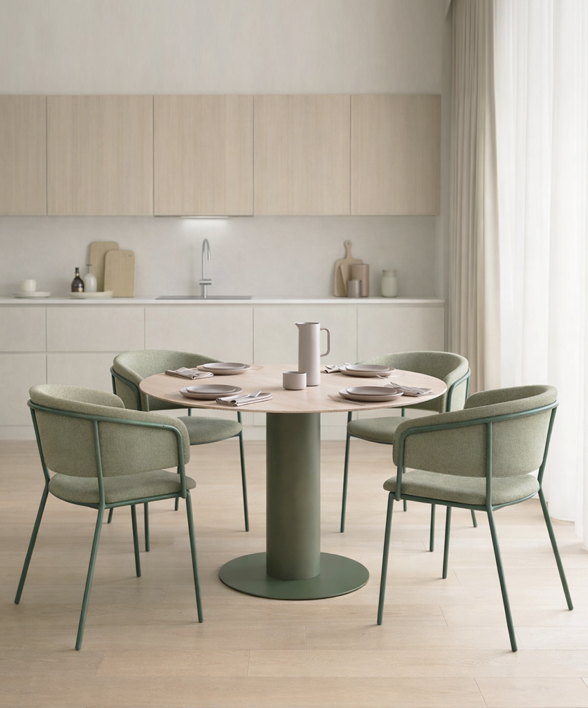 Modern kitchen with a round dining table and green chairs.