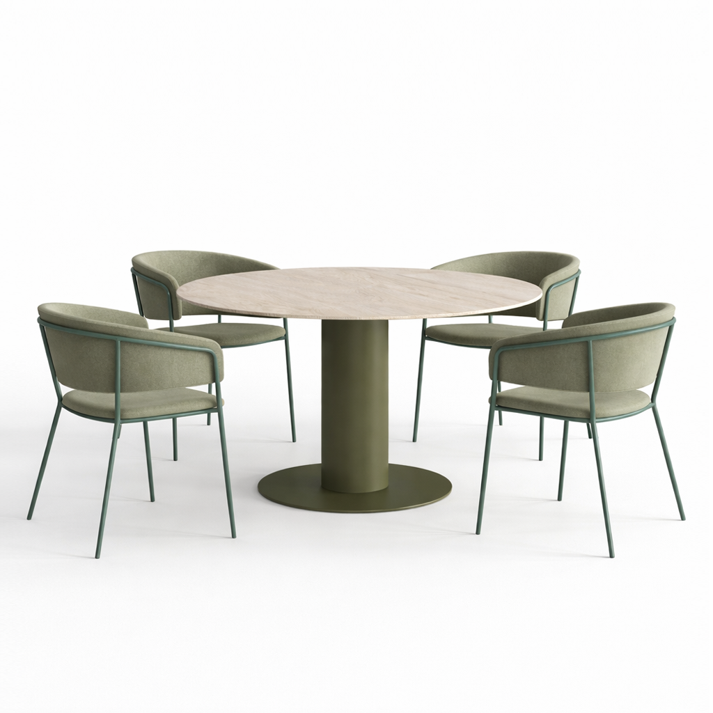 Round dining table with four matching green chairs on a white background