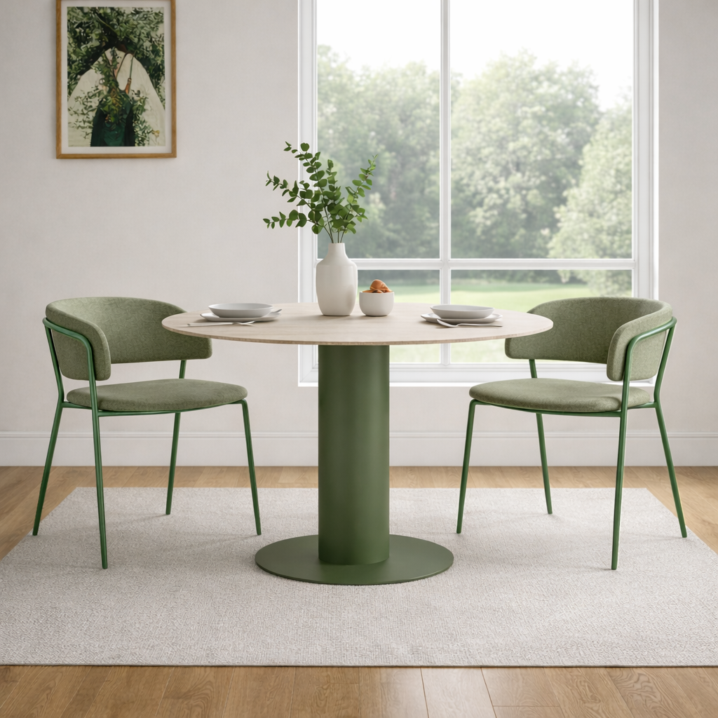 Dining area with a round table and green chairs in a bright room with large windows.