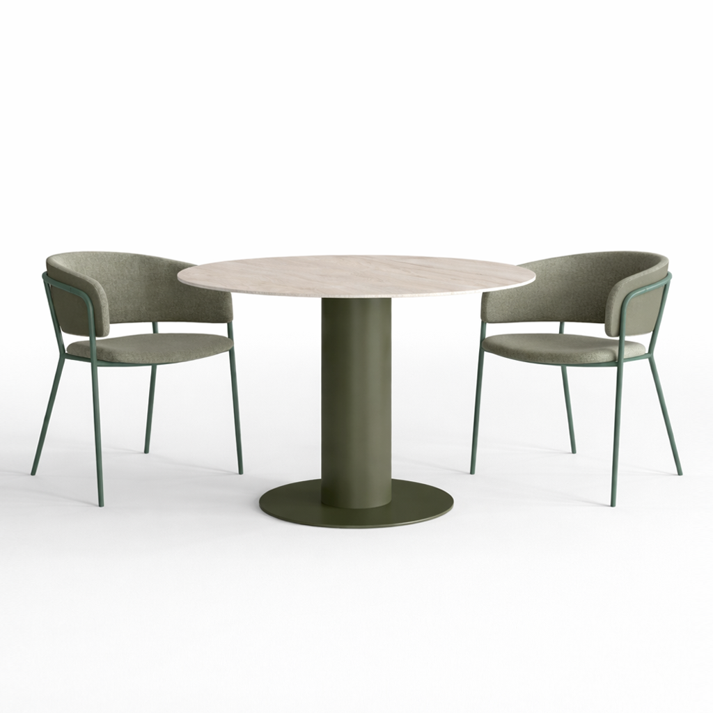 Round dining table with two chairs on a white background