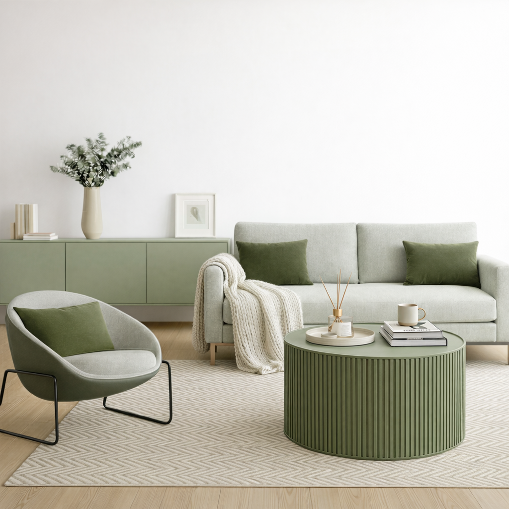 Green living room furniture set with sofa, armchair, tv unit and coffee table in a modern living room.