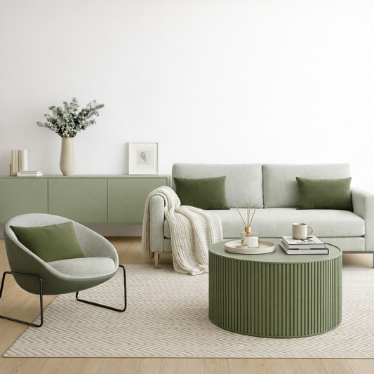 Green living room furniture set with sofa, armchair, tv unit and coffee table in a modern living room.