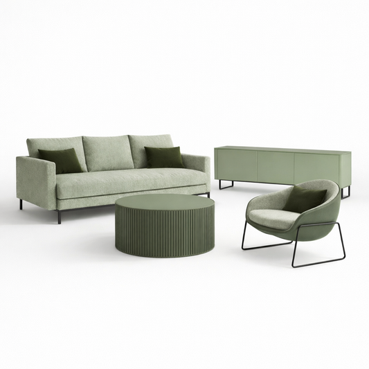 Green living room furniture set with sofa, armchair, tv unit and coffee table on a white background