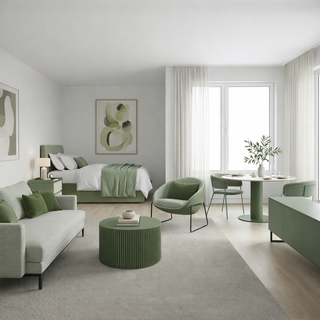 Modern open plan studio apartment in neutral tones featuring a living, dining and bedroom furniture.