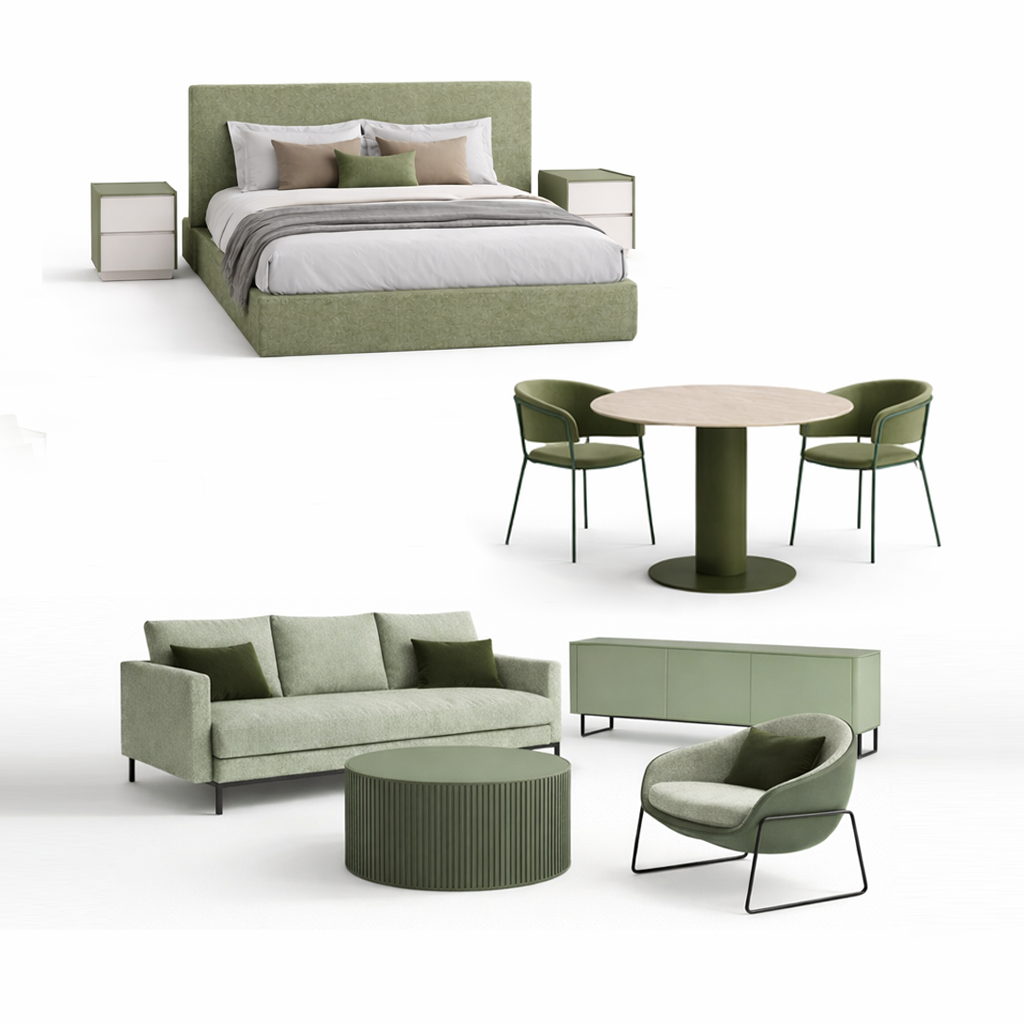 White background image showing furniture package contents of a bed/nightstands, dining table and 2 chairs, sofa, armchair, coffee table and tv unit. 