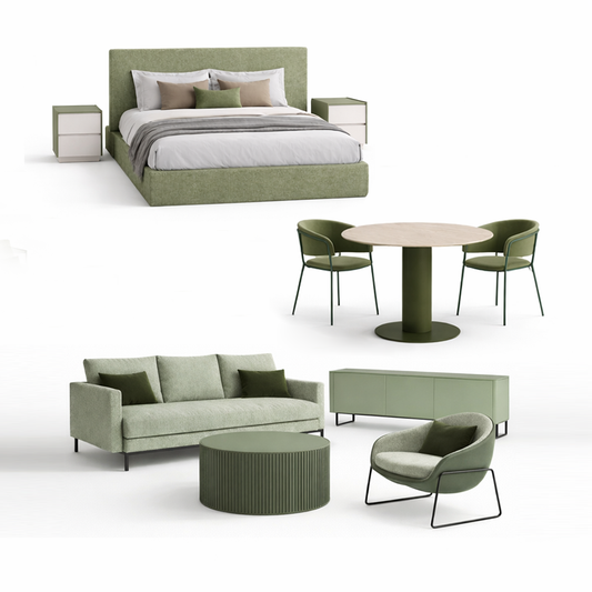 White background image showing furniture package contents of a bed/nightstands, dining table and 2 chairs, sofa, armchair, coffee table and tv unit. 