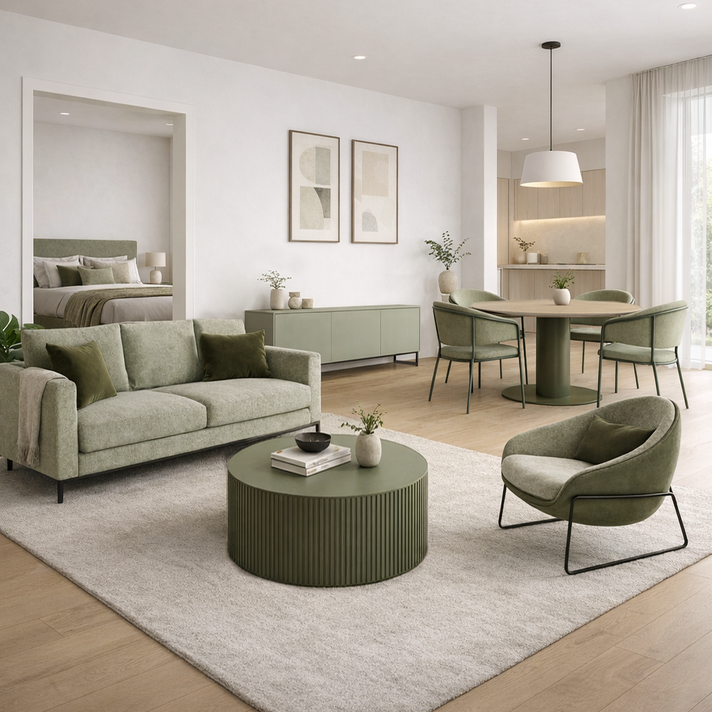 Modern open plan 1 bedroom apartment in green tones featuring a living, dining and bedroom furniture.