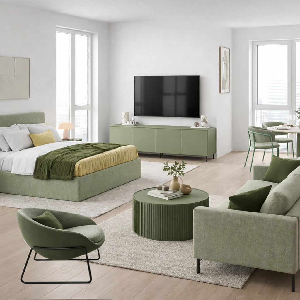 Modern open plan studio apartment in neutral tones featuring a living, dining and bedroom furniture.