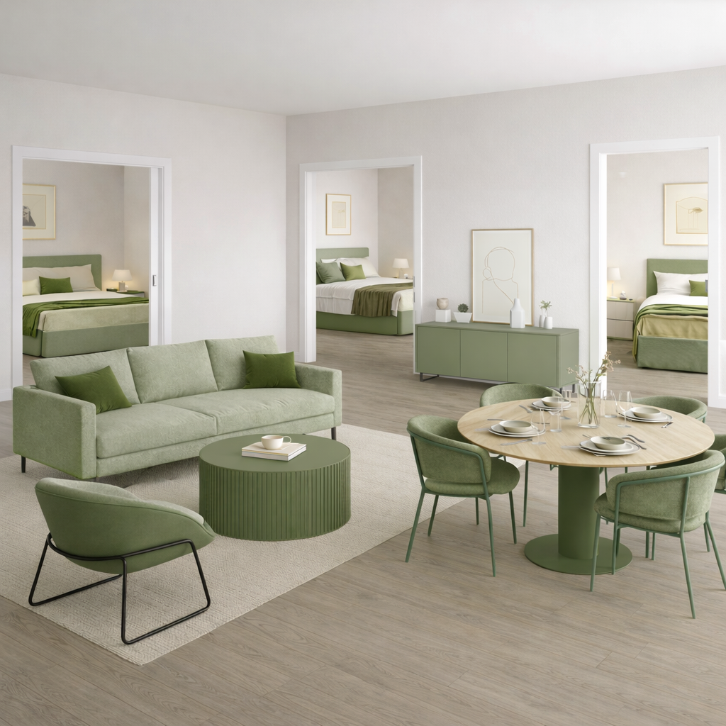 Modern open plan 3 bedroom apartment in neutral tones featuring a living, dining and bedroom furniture.