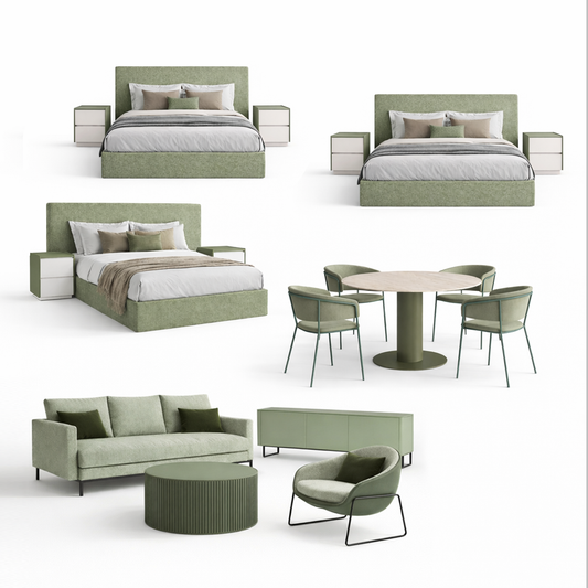 White background image showing furniture package contents of 2 beds/nightstands, dining table and 4 chairs, sofa, armchair, coffee table and tv unit. 