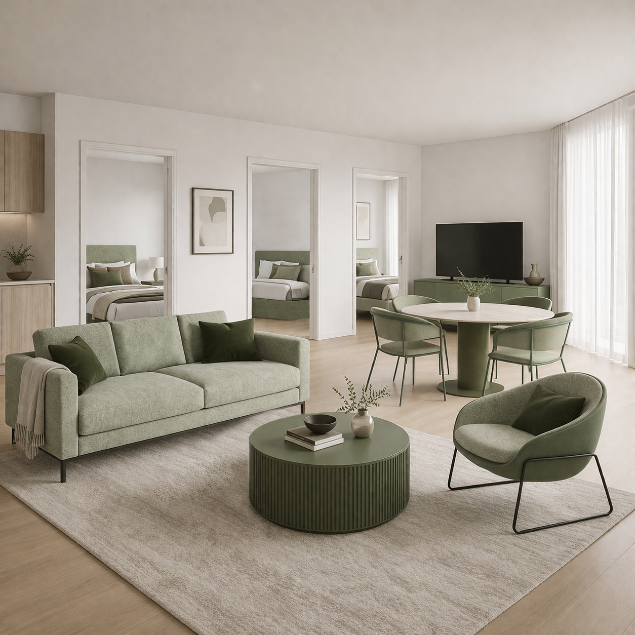 Modern open plan 3 bedroom apartment in green tones featuring a living, dining and bedroom furniture.
