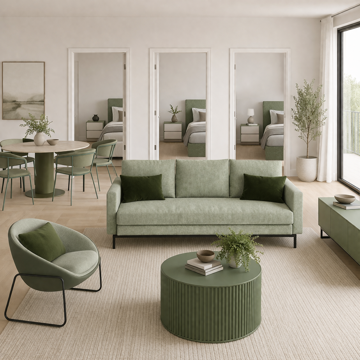 Modern open plan 3 bedroom apartment in neutral tones featuring a living, dining and bedroom furniture.