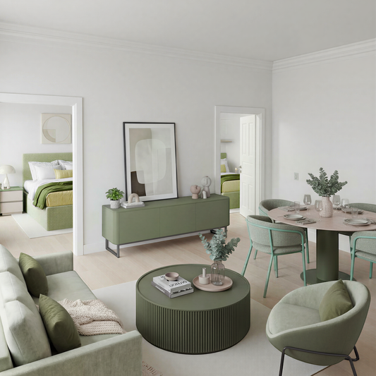 Modern open plan 2 bedroom apartment in green tones featuring a living, dining and bedroom furniture.
