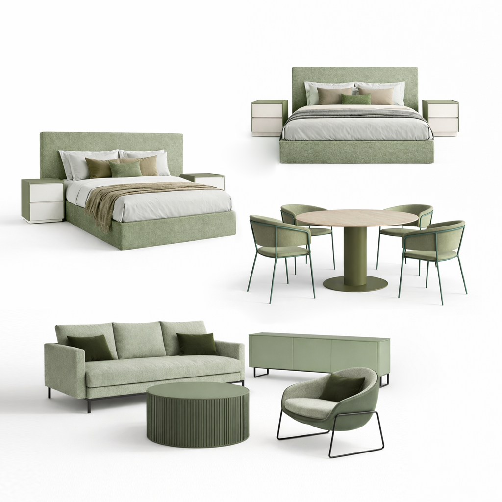 White background image showing furniture package contents of 2 beds/nightstands, dining table and 4 chairs, sofa, armchair, coffee table and tv unit. 