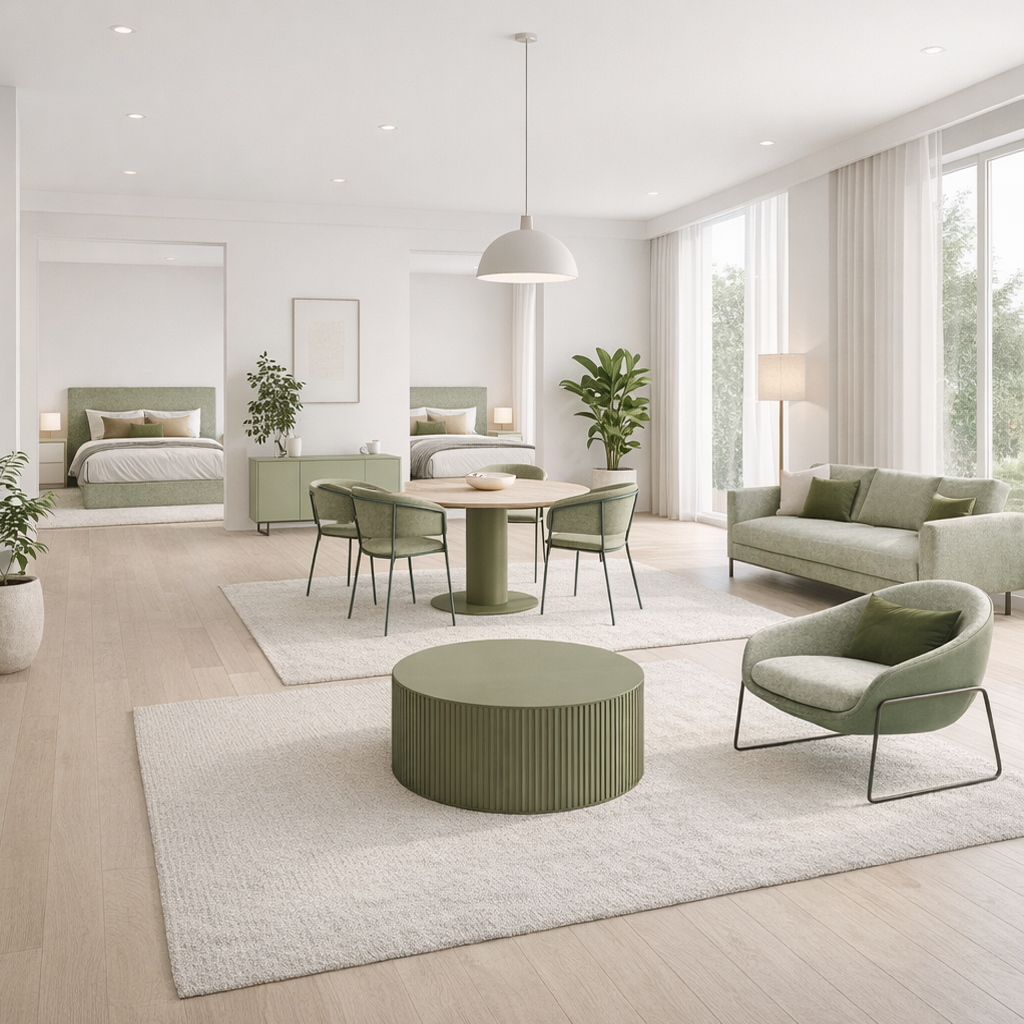 Modern open plan 2 bedroom apartment in neutral tones featuring a living, dining and bedroom furniture.