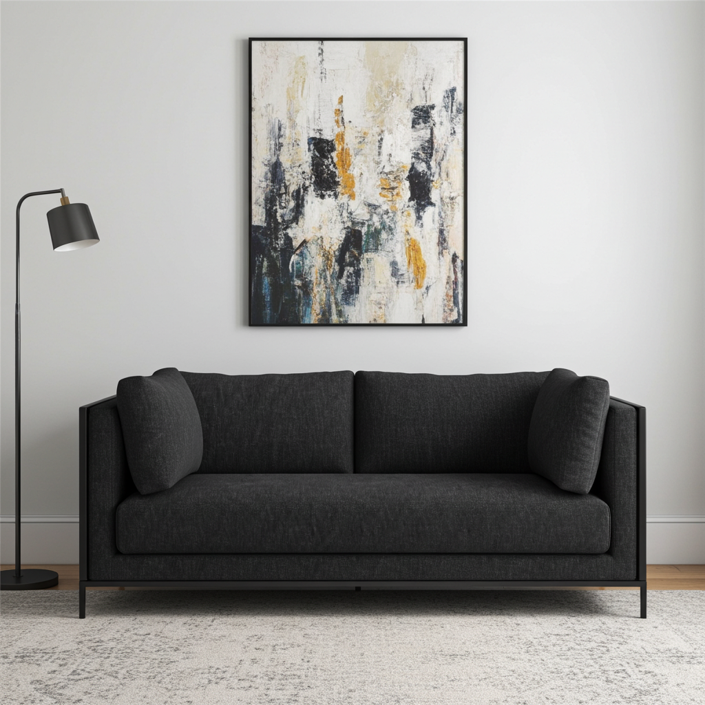 Black sofa in a living room with abstract art on the wall