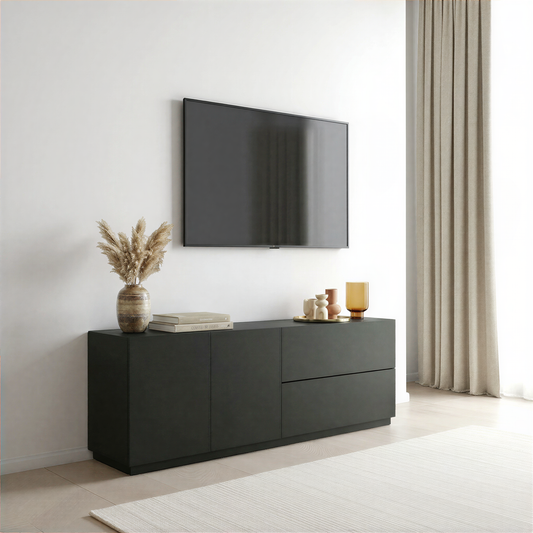 Modern living room with a black TV stand and mounted television.