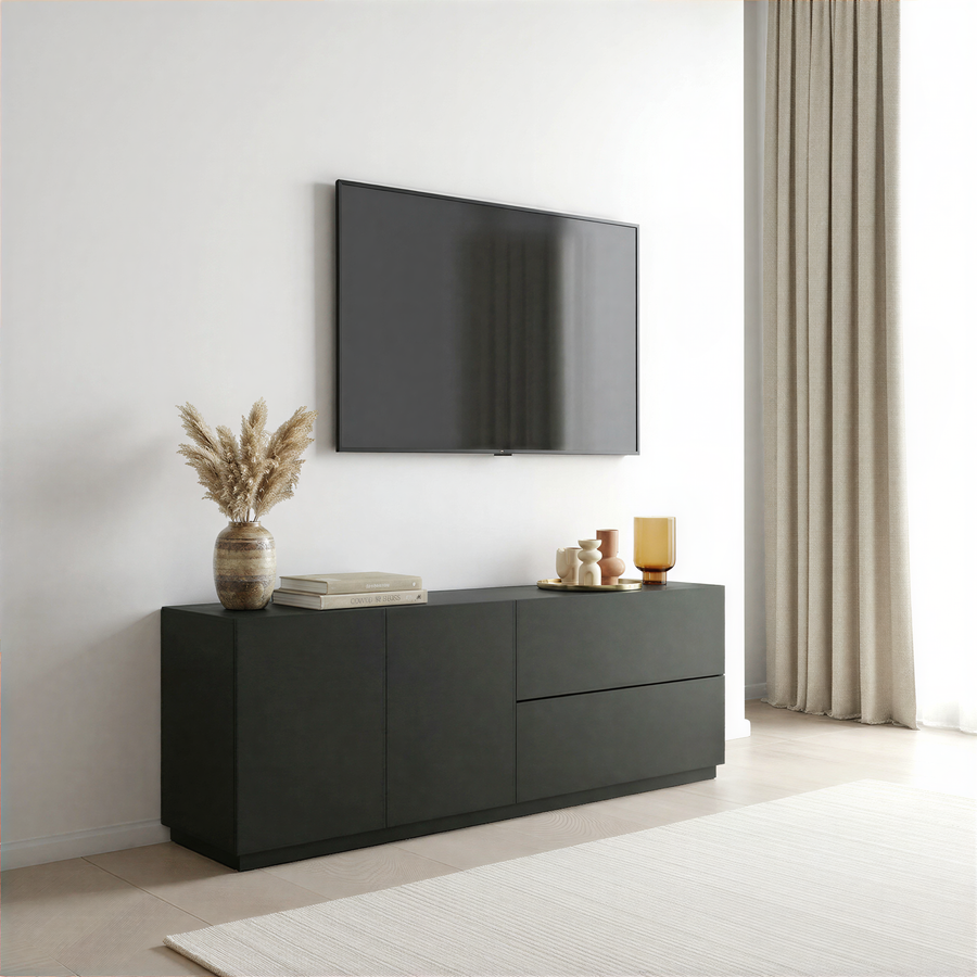 Modern living room with a black TV stand and mounted television.