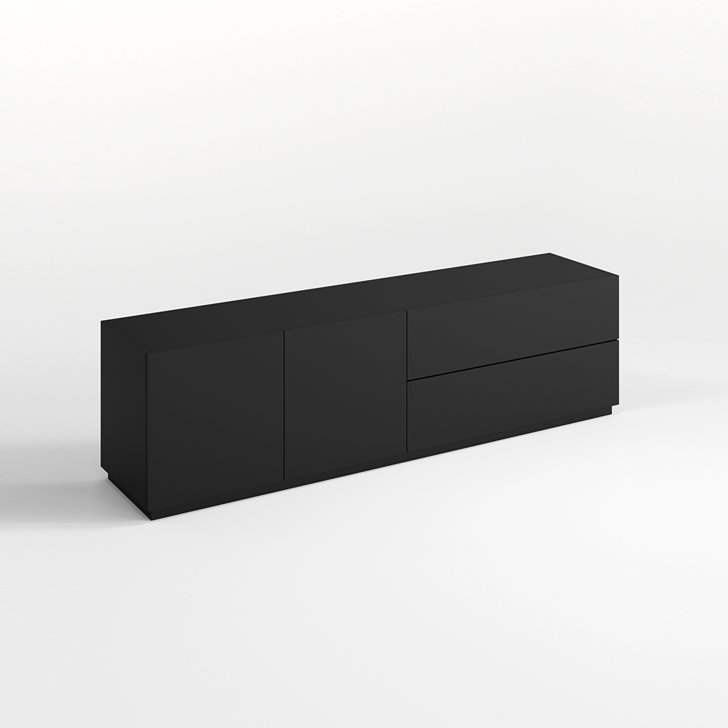 Black tv unit with two doors and two drawers on a white background