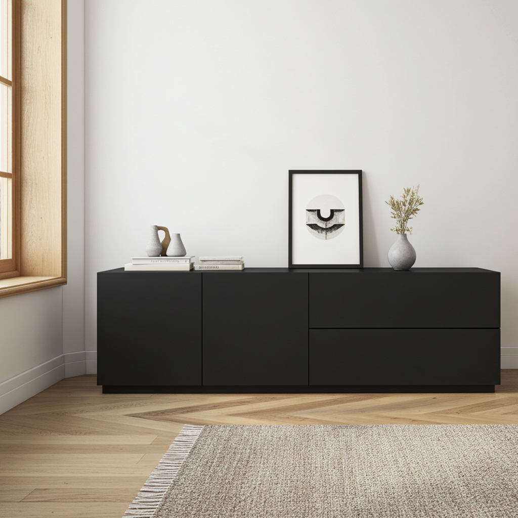 Modern black sideboard with decor items in a minimalistic room.