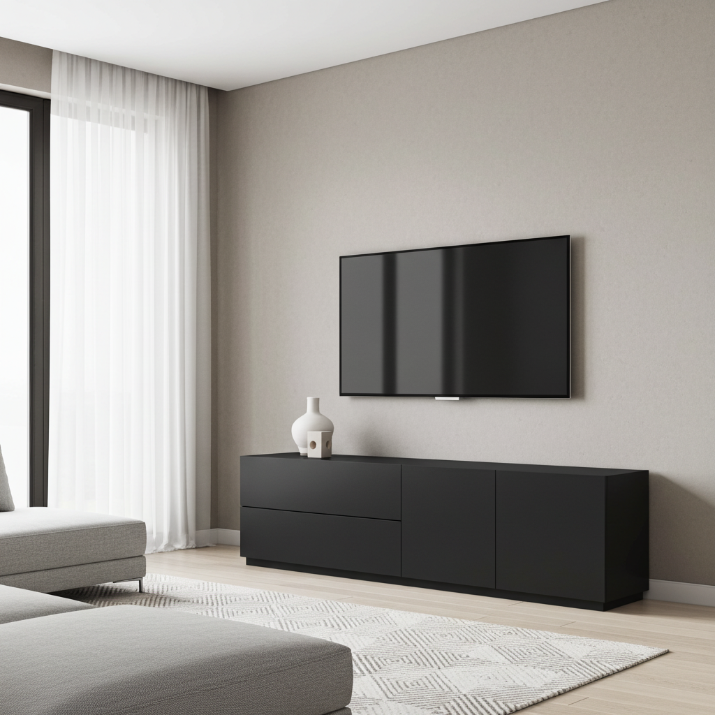 Modern living room with a black TV stand, grey sofa, and large window.