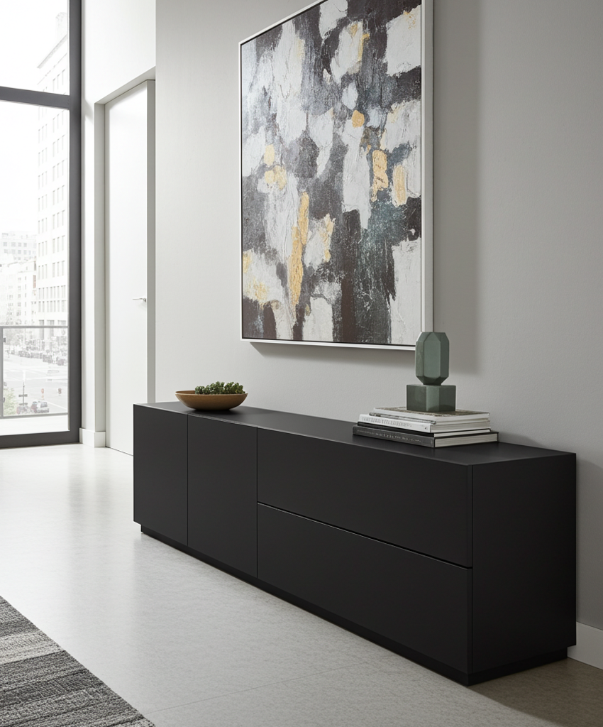 Modern black tv unit used as a sideboard with abstract art in a minimalistic room