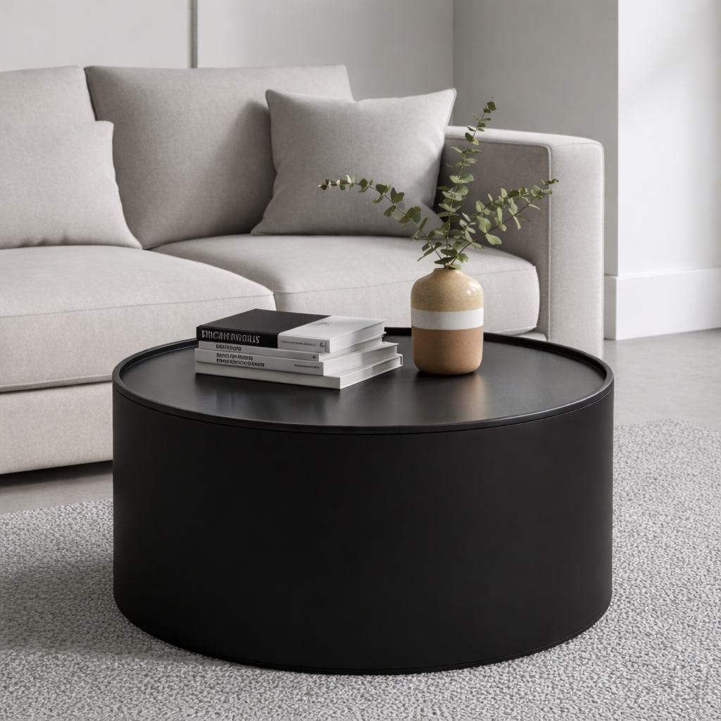 Black round coffee table with books and a vase in a living room setting.