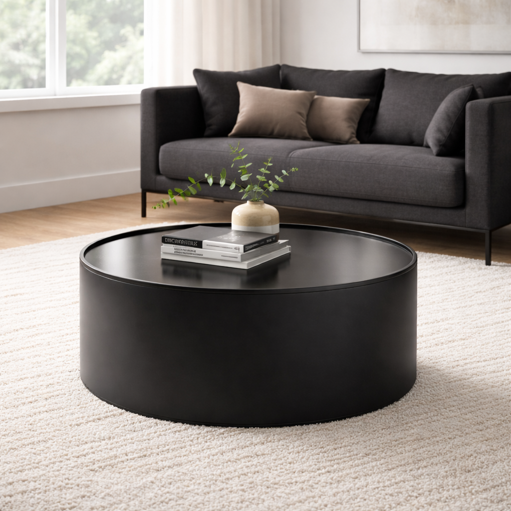 Round black coffee table in a living room with a black sofa and decorative items.