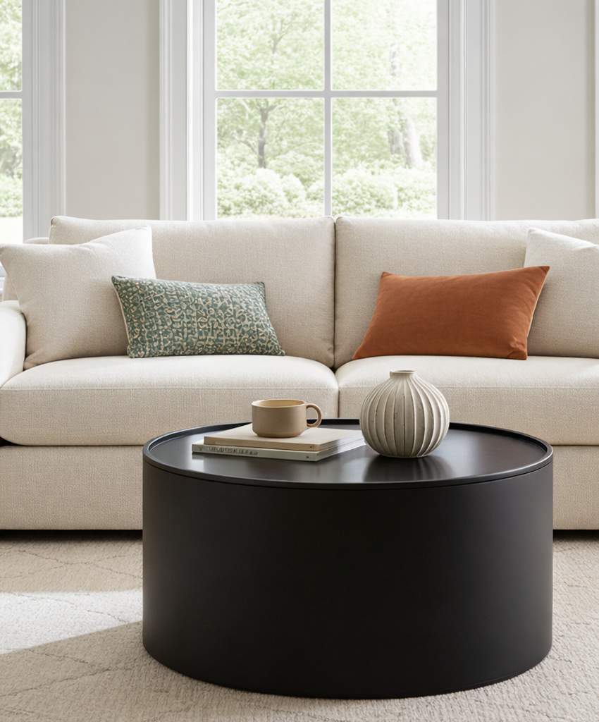 Round black coffee table with a beige sofa and decorative pillows in a bright living room.