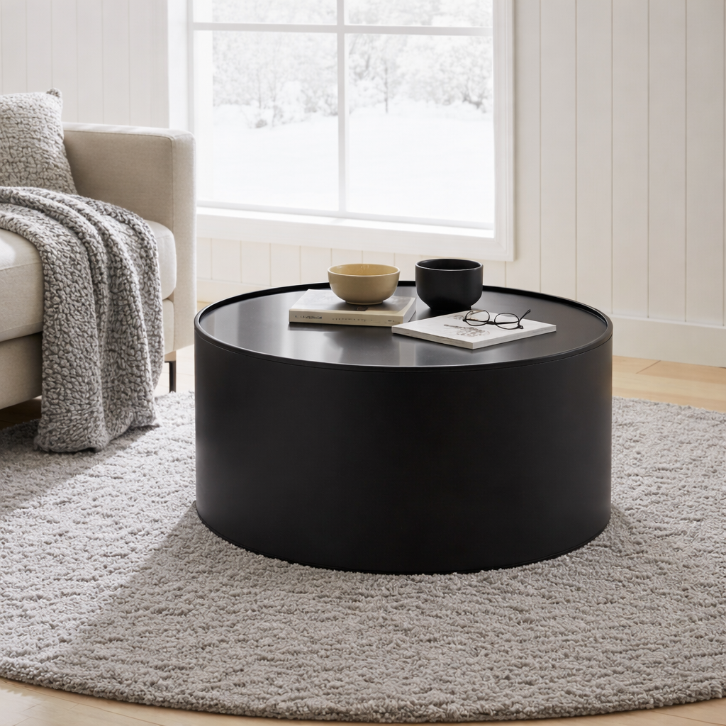 Round black coffee table in a living room with a couch and rug.