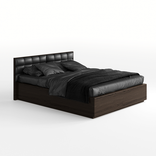 Dark wooden bed with black upholstered headboard and bedding on a white background